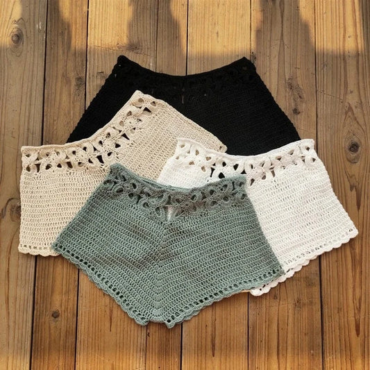 Solid Color Crocheted Vacation Summer Shorts Women Hollow Out Crocheting Skinny Sexy Beach Shorts