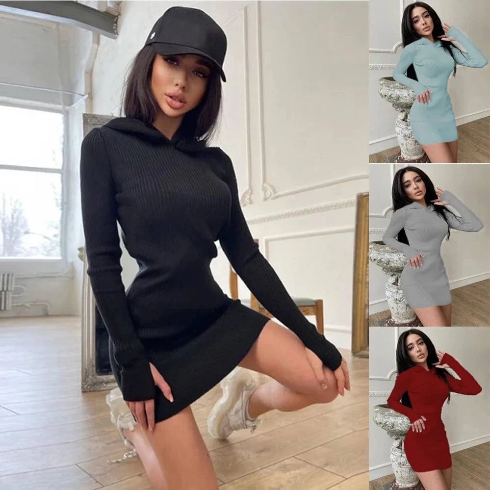 Solid Color Knit Hooded Long Sleeve Dress Fashion Wear Long Sleeve Stretch Autumn Winter Dress Casual Dress