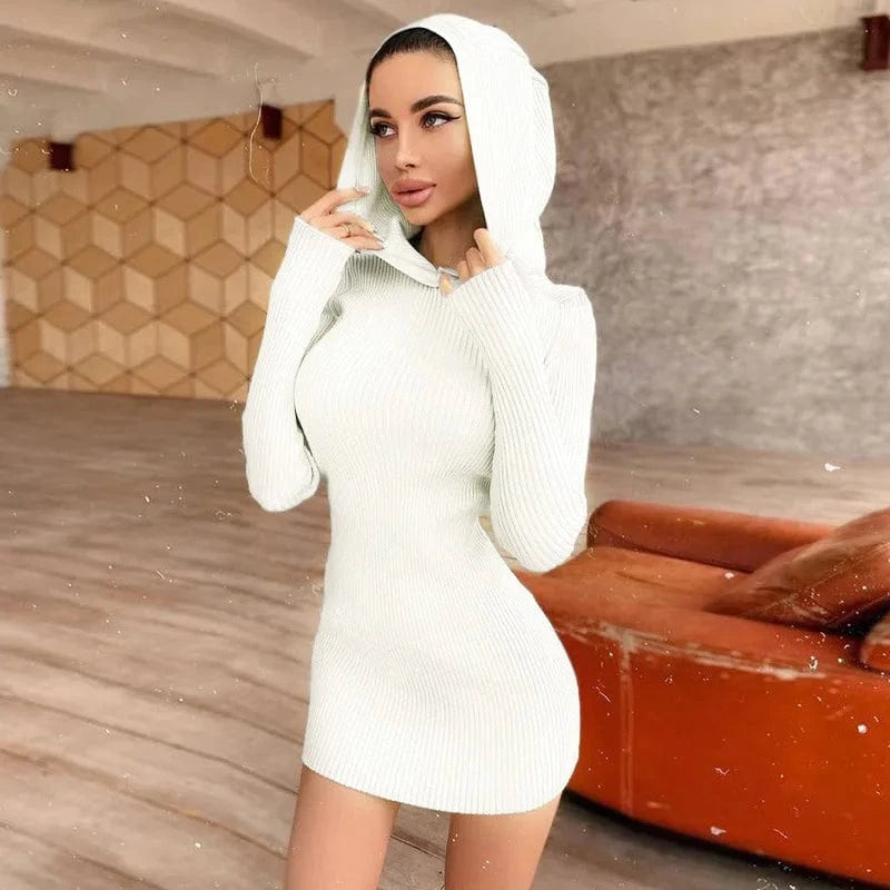 Solid Color Knit Hooded Long Sleeve Dress Fashion Wear Long Sleeve Stretch Autumn Winter Dress Casual Dress