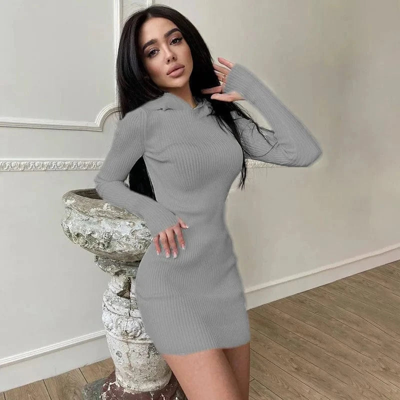 Solid Color Knit Hooded Long Sleeve Dress Fashion Wear Long Sleeve Stretch Autumn Winter Dress Casual Dress