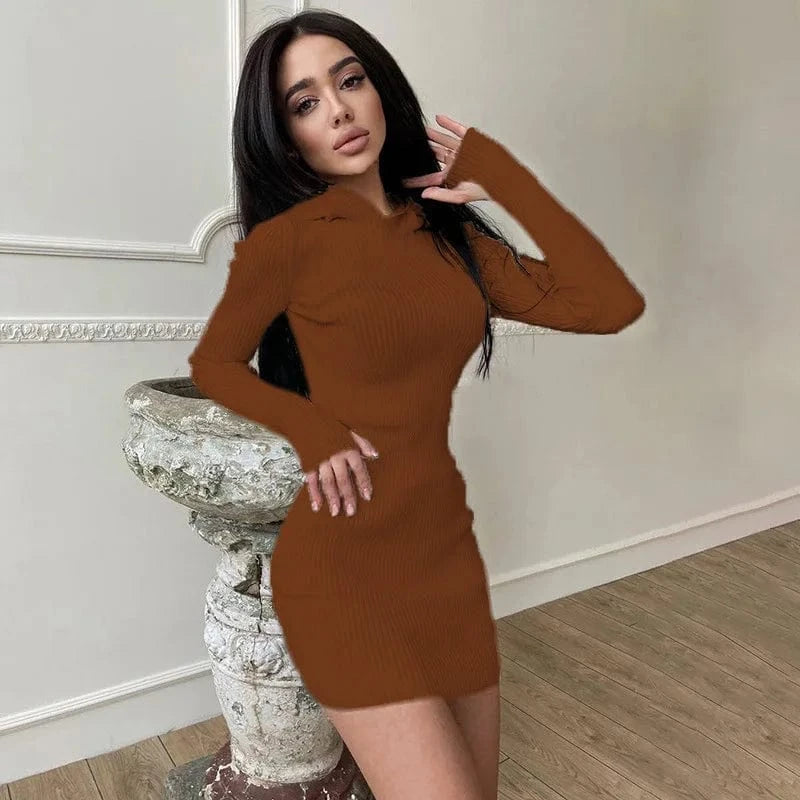 Solid Color Knit Hooded Long Sleeve Dress Fashion Wear Long Sleeve Stretch Autumn Winter Dress Casual Dress