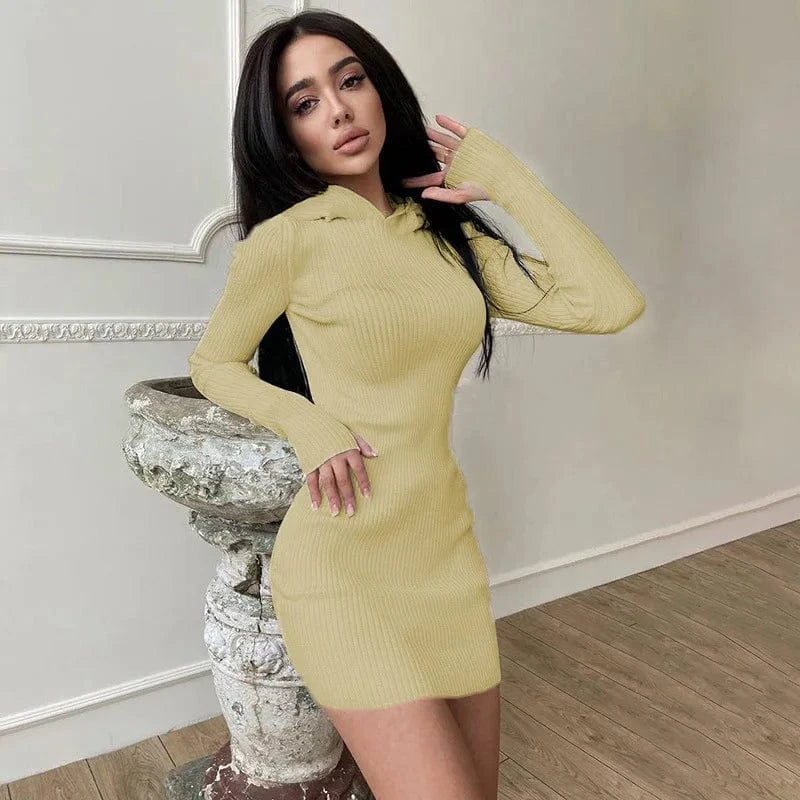 Solid Color Knit Hooded Long Sleeve Dress Fashion Wear Long Sleeve Stretch Autumn Winter Dress Casual Dress