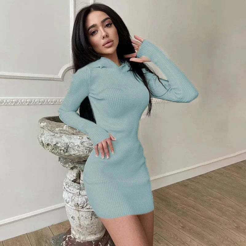 Solid Color Knit Hooded Long Sleeve Dress Fashion Wear Long Sleeve Stretch Autumn Winter Dress Casual Dress