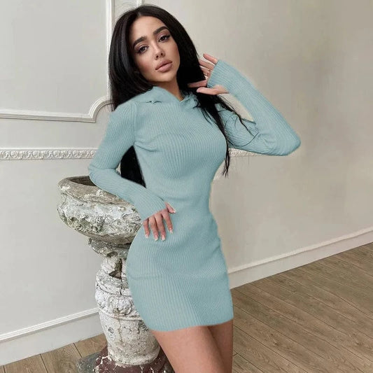Solid Color Knit Hooded Long Sleeve Dress Fashion Wear Long Sleeve Stretch Autumn Winter Dress Casual Dress