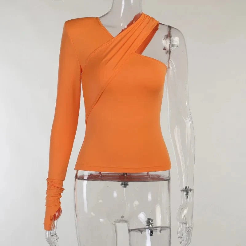 Solid color Padded crop Top Women One Shoulder Long Sleeve Slim Top v neck sexy black women's tank tops