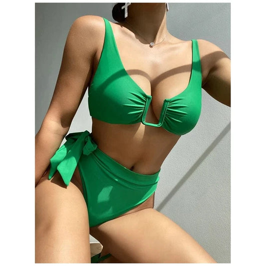 Solid High Waist Bikini Push Up Swimwear Women 2 Pieces Swimsuit Bowknot Bathing Suit High Waisted Swimsuit 2024 NWT Bikini