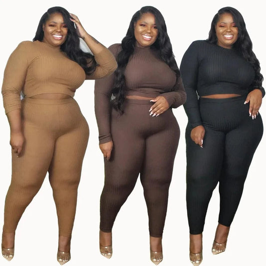 Solid Ribbed Knit Plus Size Ladies Outfits Black Long Sleeve 2 Piece Pants Set Women Clothing