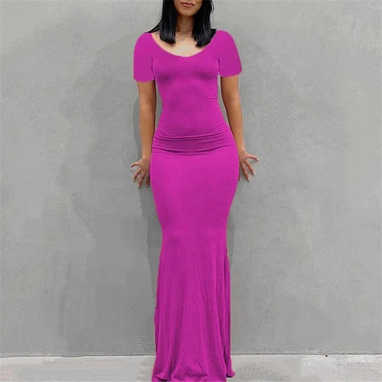 Solid Short Sleeve Slim Maxi Dresses For Women 2024 Summer Bodycon Elegant Sexy Outfits Ladies Birthday Party Club Dress