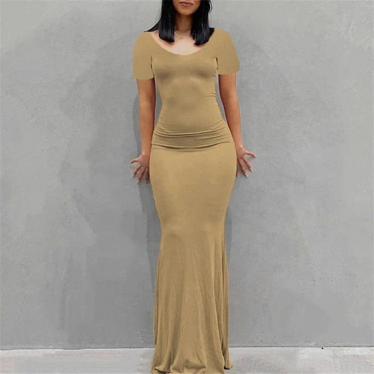 Solid Short Sleeve Slim Maxi Dresses For Women 2024 Summer Bodycon Elegant Sexy Outfits Ladies Birthday Party Club Dress