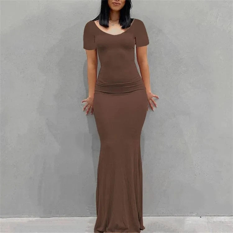 Solid Short Sleeve Slim Maxi Dresses For Women 2024 Summer Bodycon Elegant Sexy Outfits Ladies Birthday Party Club Dress