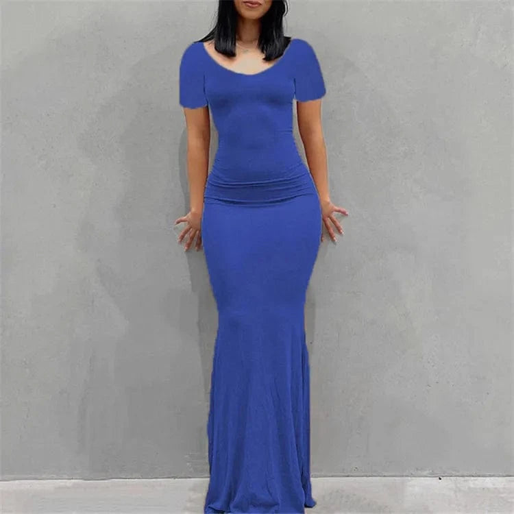 Solid Short Sleeve Slim Maxi Dresses For Women 2024 Summer Bodycon Elegant Sexy Outfits Ladies Birthday Party Club Dress