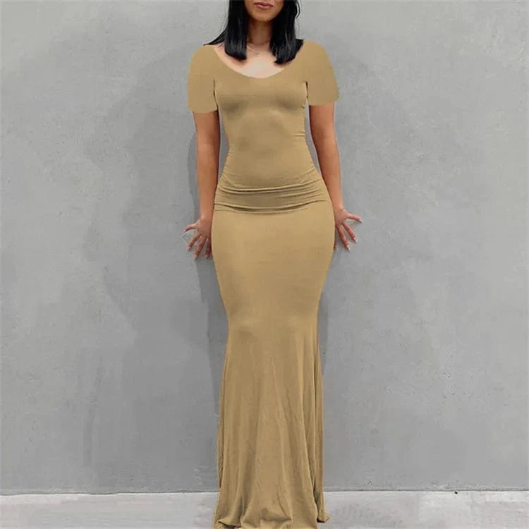 Solid Short Sleeve Slim Maxi Dresses For Women 2024 Summer Bodycon Elegant Sexy Outfits Ladies Birthday Party Club Dress