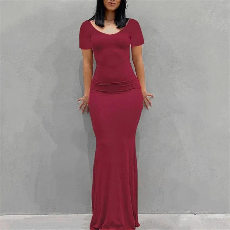 Solid Short Sleeve Slim Maxi Dresses For Women 2024 Summer Bodycon Elegant Sexy Outfits Ladies Birthday Party Club Dress