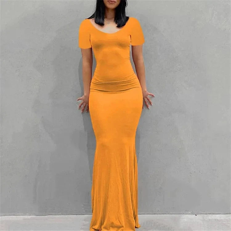Solid Short Sleeve Slim Maxi Dresses For Women 2024 Summer Bodycon Elegant Sexy Outfits Ladies Birthday Party Club Dress