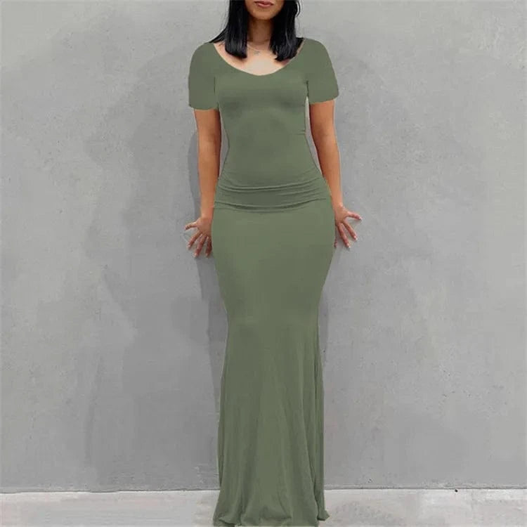 Solid Short Sleeve Slim Maxi Dresses For Women 2024 Summer Bodycon Elegant Sexy Outfits Ladies Birthday Party Club Dress