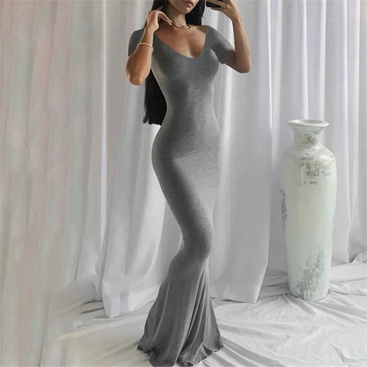 Solid Short Sleeve Slim Maxi Dresses For Women 2024 Summer Bodycon Elegant Sexy Outfits Ladies Birthday Party Club Dress