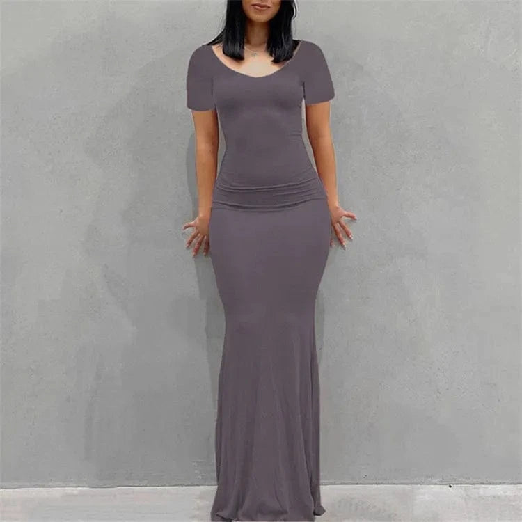 Solid Short Sleeve Slim Maxi Dresses For Women 2024 Summer Bodycon Elegant Sexy Outfits Ladies Birthday Party Club Dress