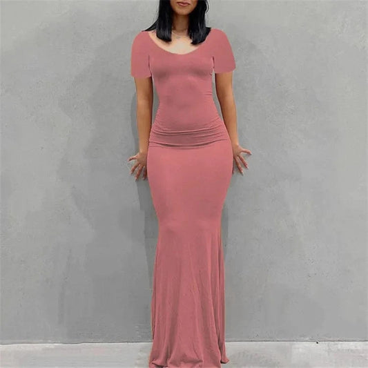 Solid Short Sleeve Slim Maxi Dresses For Women 2024 Summer Bodycon Elegant Sexy Outfits Ladies Birthday Party Club Dress