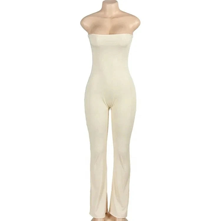 Solid Strapless Backless High Waist Flared Pants Playsuit Women Casual Slim Jumpsuit