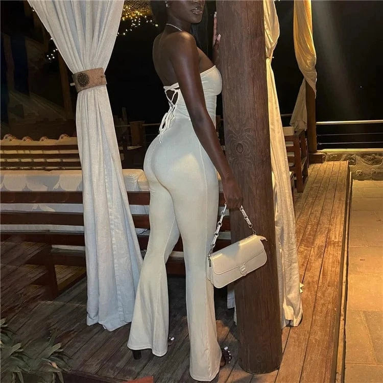 Solid Strapless Backless High Waist Flared Pants Playsuit Women Casual Slim Jumpsuit