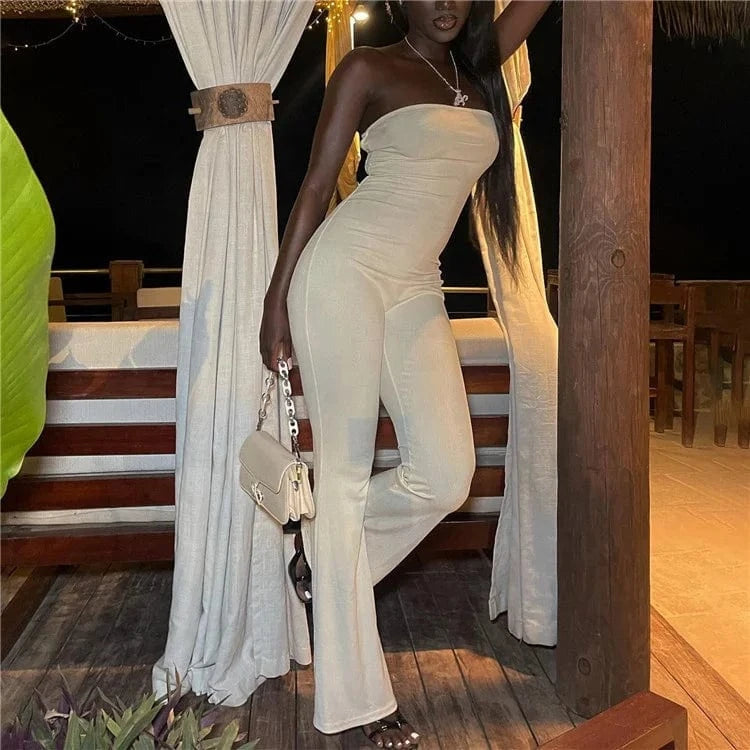 Solid Strapless Backless High Waist Flared Pants Playsuit Women Casual Slim Jumpsuit