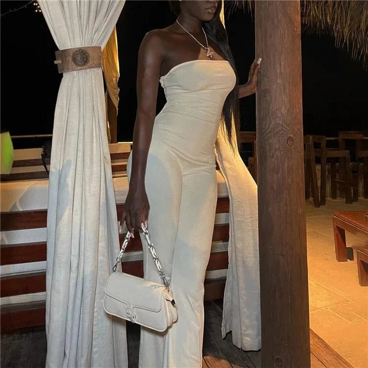 Solid Strapless Backless High Waist Flared Pants Playsuit Women Casual Slim Jumpsuit