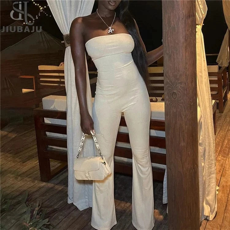 Solid Strapless Backless High Waist Flared Pants Playsuit Women Casual Slim Jumpsuit