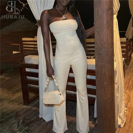 Solid Strapless Backless High Waist Flared Pants Playsuit Women Casual Slim Jumpsuit