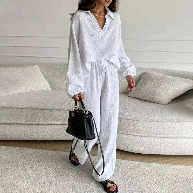 Solid Turn-down Collar Top Pants Women Suit Long Sleeve V-neck Loose Tops Wide Leg Trousers 2024 Elegant Spring Lady Set