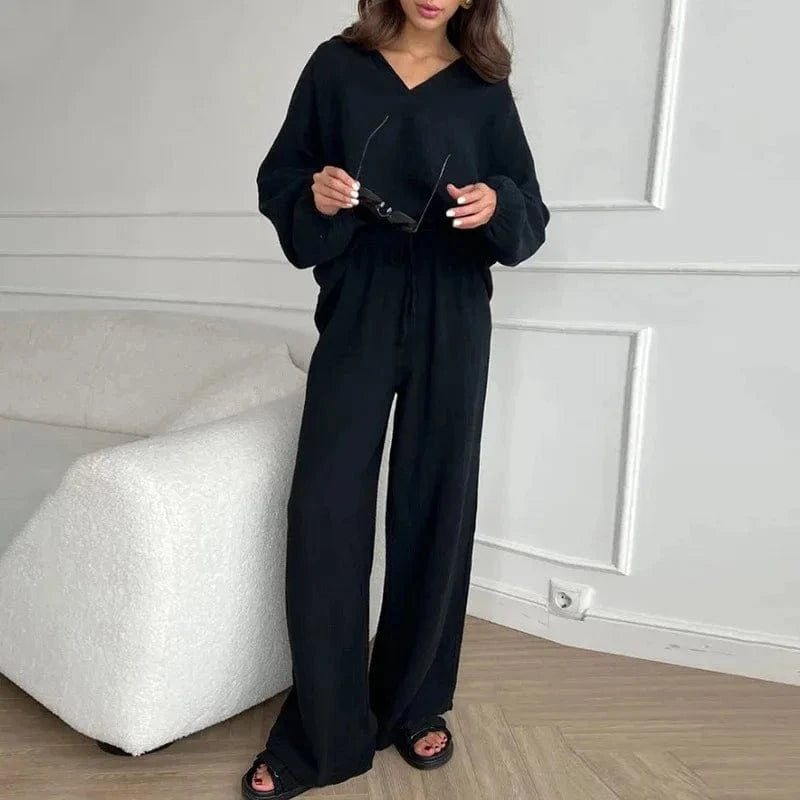 Solid Turn-down Collar Top Pants Women Suit Long Sleeve V-neck Loose Tops Wide Leg Trousers 2024 Elegant Spring Lady Set