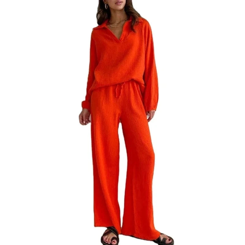 Solid Turn-down Collar Top Pants Women Suit Long Sleeve V-neck Loose Tops Wide Leg Trousers 2024 Elegant Spring Lady Set