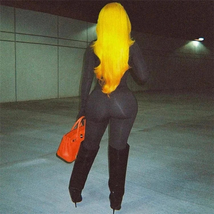 Solid Turtleneck Long Sleeve Hollow Out Gloves Sexy Bodycon Jumpsuit 2024 Fall Spring Women Romper