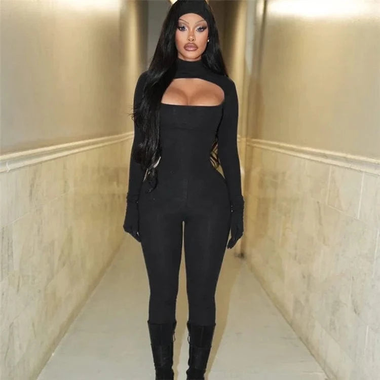 Solid Turtleneck Long Sleeve Hollow Out Gloves Sexy Bodycon Jumpsuit 2024 Fall Spring Women Romper