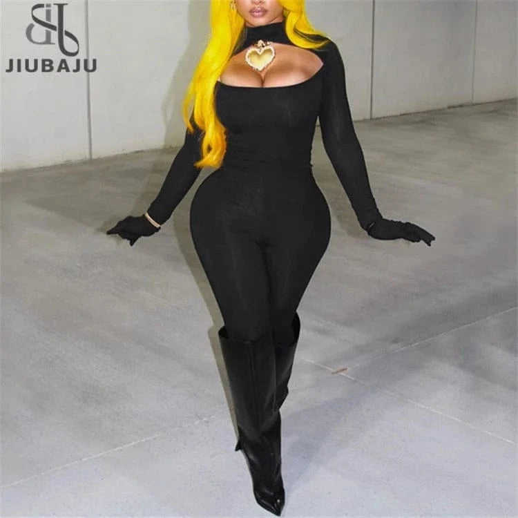 Solid Turtleneck Long Sleeve Hollow Out Gloves Sexy Bodycon Jumpsuit 2024 Fall Spring Women Romper