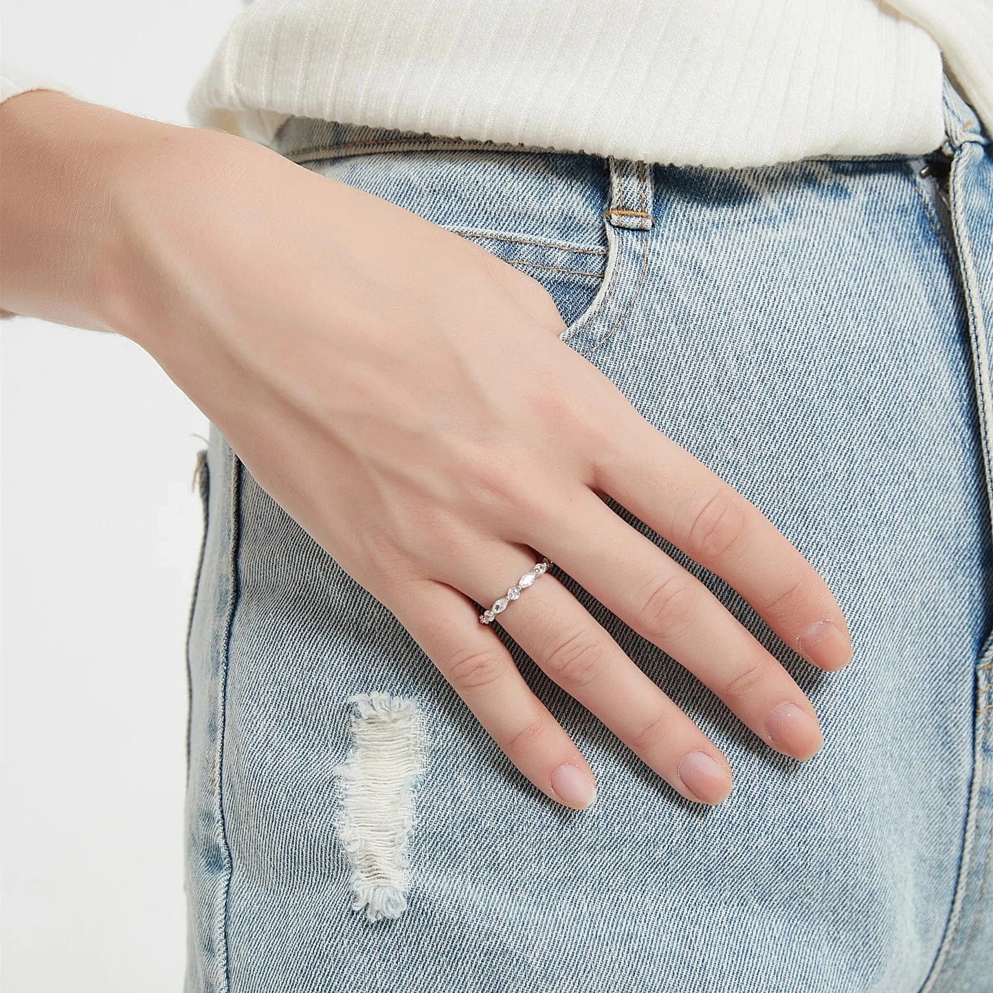 Somen Fashion Luxury Jewelry 2mm Marquise and Round Cut Zircon Band 925 Sterling Silver Rings for Women Wedding