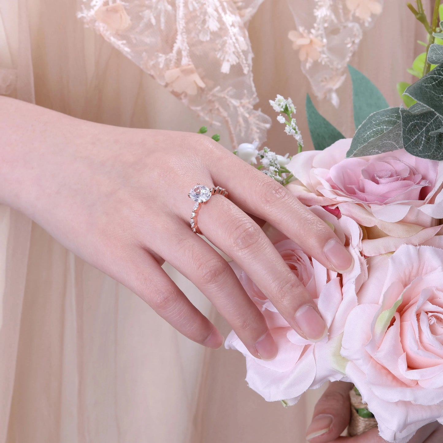 Somen Rose Gold 925 Sterling Silver Ring Oval Cut Cubic Zirconia Engagement Rings Solitaire Halo Women Jewelry