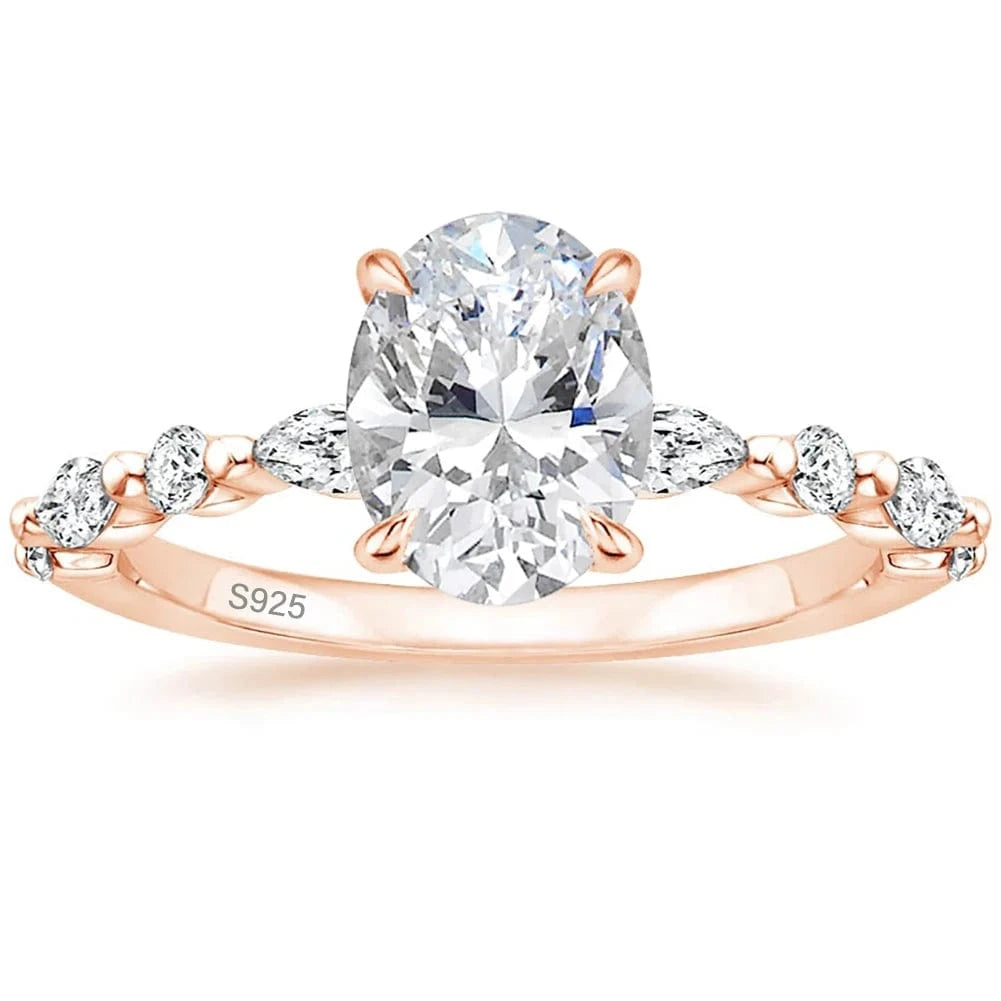 Somen Rose Gold 925 Sterling Silver Ring Oval Cut Cubic Zirconia Engagement Rings Solitaire Halo Women Jewelry