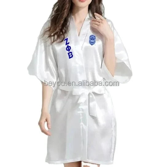 Sorority Fraternity Greek ZETA PHI BETA Silk Bathrobe Lace Satin ZPB Free Size Clothes Robe
