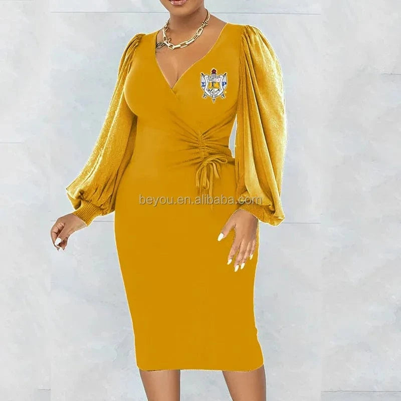 SORORITY Spring Autumn Waist Midi Dress Women's V-neck Hip-hugging A-line Skirt Long Lantern Sleeves Drawstring Party Dresses