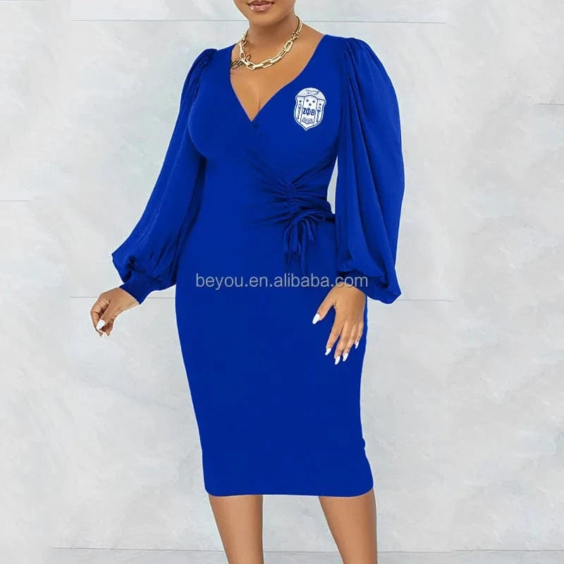 SORORITY Spring Autumn Waist Midi Dress Women's V-neck Hip-hugging A-line Skirt Long Lantern Sleeves Drawstring Party Dresses