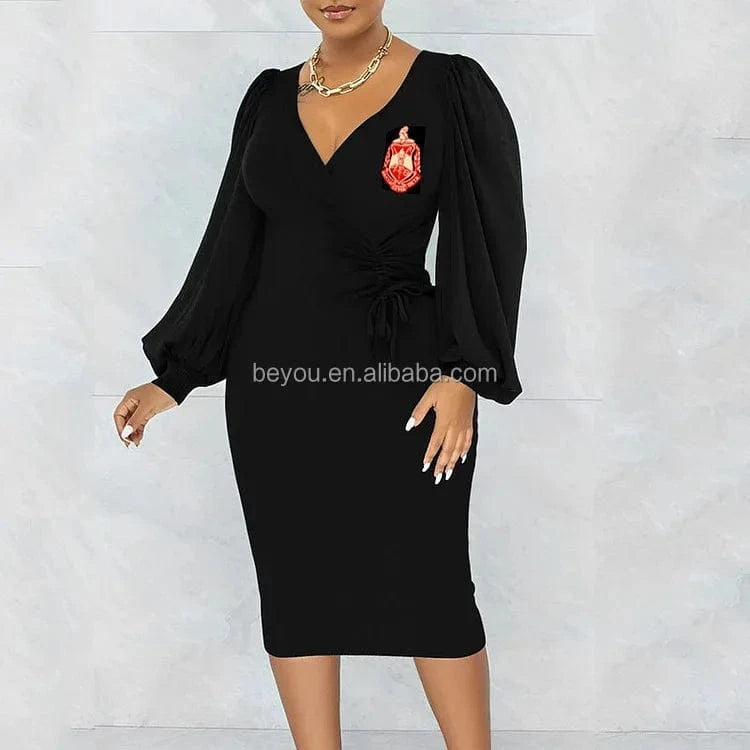 SORORITY Spring Autumn Waist Midi Dress Women's V-neck Hip-hugging A-line Skirt Long Lantern Sleeves Drawstring Party Dresses