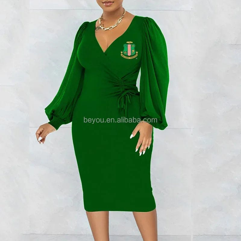 SORORITY Spring Autumn Waist Midi Dress Women's V-neck Hip-hugging A-line Skirt Long Lantern Sleeves Drawstring Party Dresses