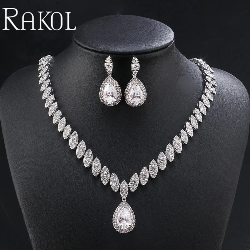 SP057 white RAKOL SP3074 New Design 4PCS Leaf Cubic Zircon Necklace Earrings Bracelets And Rings Sets 925 Sterling Silver Jewelry Set Women