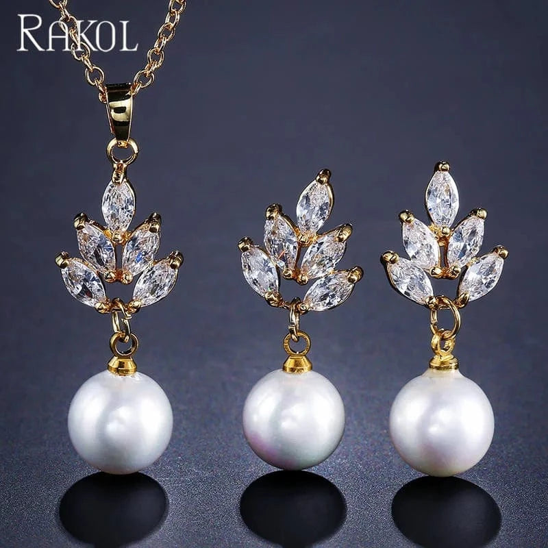 SP3005 gold RAKOL SP3074 New Design 4PCS Leaf Cubic Zircon Necklace Earrings Bracelets And Rings Sets 925 Sterling Silver Jewelry Set Women