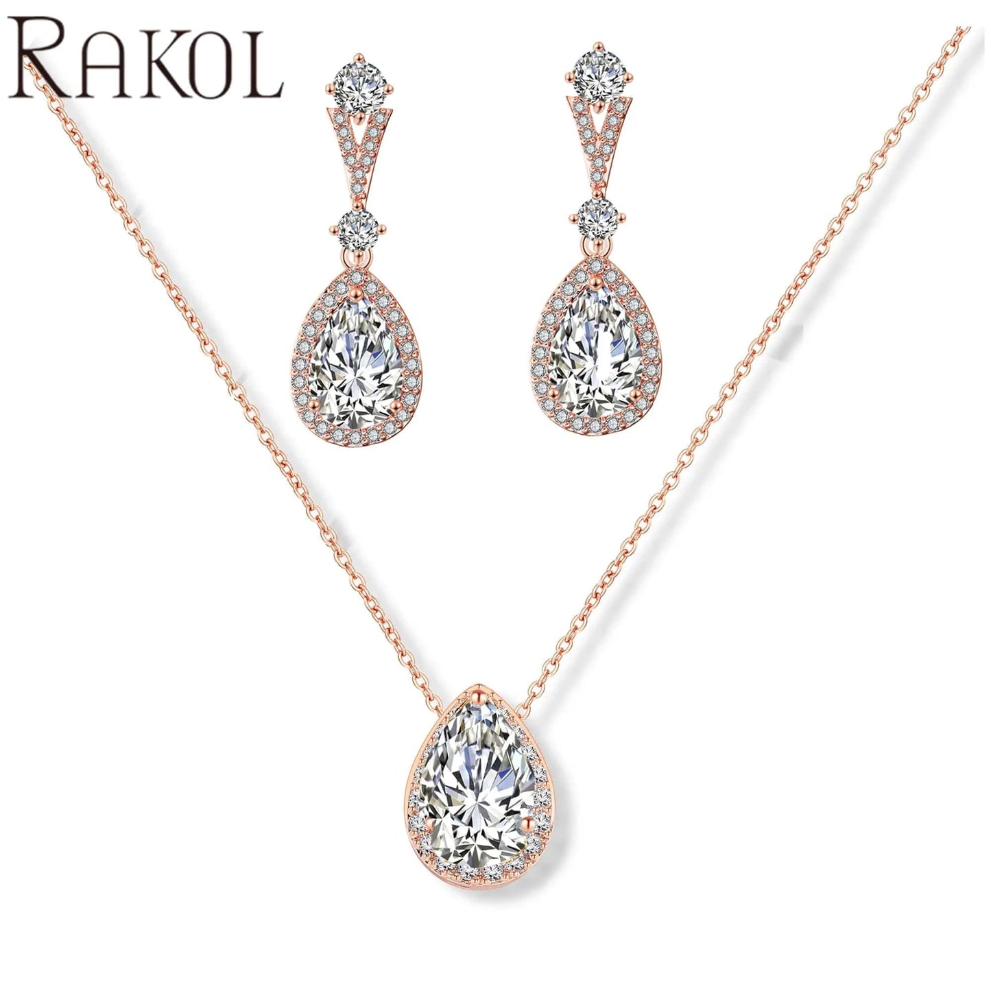 SP3026-Rose gold RAKOL SP3025 2022 Women Fine Jewelry Set Latest Rhinestone Crystal Earrings Necklace Set Sterling Silver Jewelry Set for Wedding