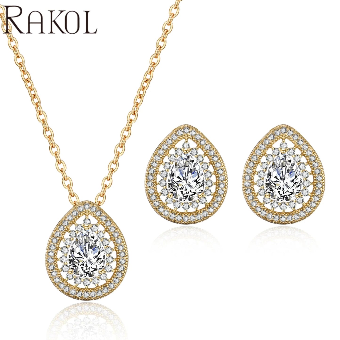 SP3028-White RAKOL SP3025 2022 Women Fine Jewelry Set Latest Rhinestone Crystal Earrings Necklace Set Sterling Silver Jewelry Set for Wedding