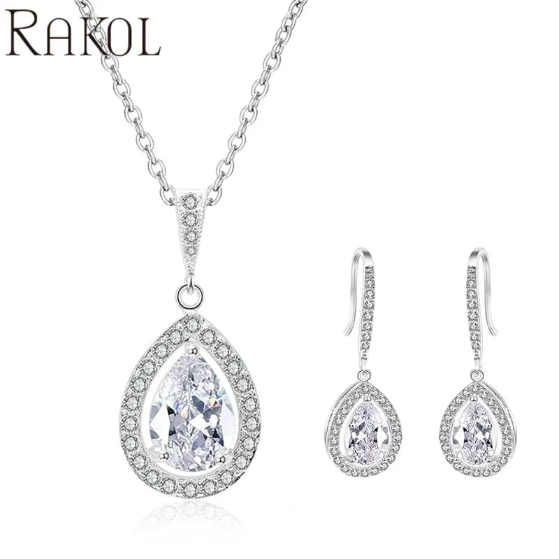 SP3070-White RAKOL SP3025 2022 Women Fine Jewelry Set Latest Rhinestone Crystal Earrings Necklace Set Sterling Silver Jewelry Set for Wedding
