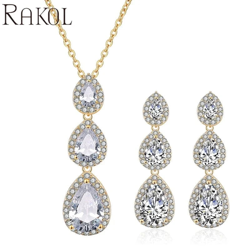 SP3093-White RAKOL SP3025 2022 Women Fine Jewelry Set Latest Rhinestone Crystal Earrings Necklace Set Sterling Silver Jewelry Set for Wedding