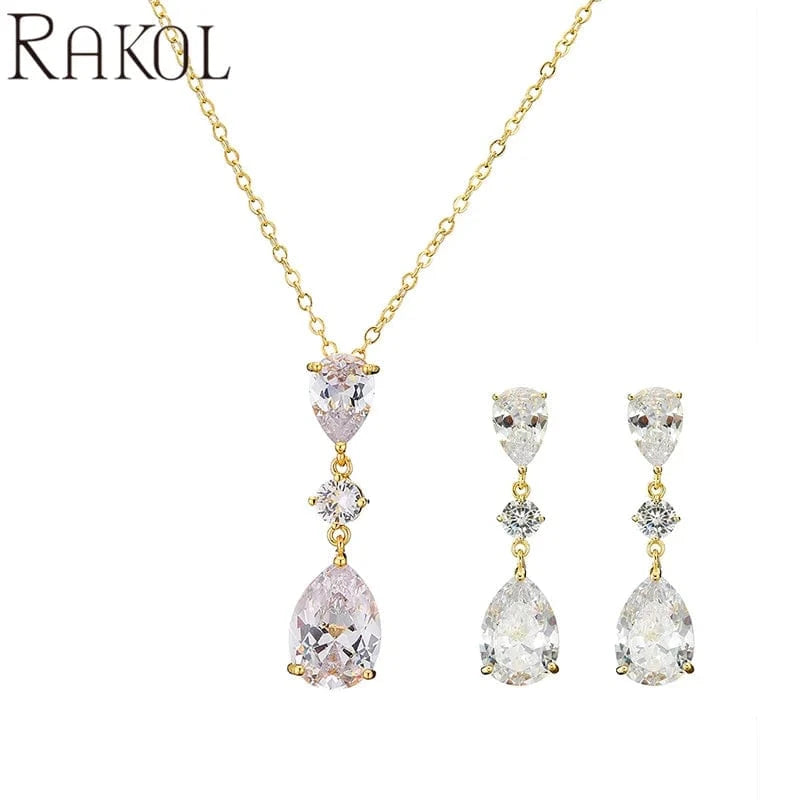 SP3096-Gold RAKOL SP3025 2022 Women Fine Jewelry Set Latest Rhinestone Crystal Earrings Necklace Set Sterling Silver Jewelry Set for Wedding