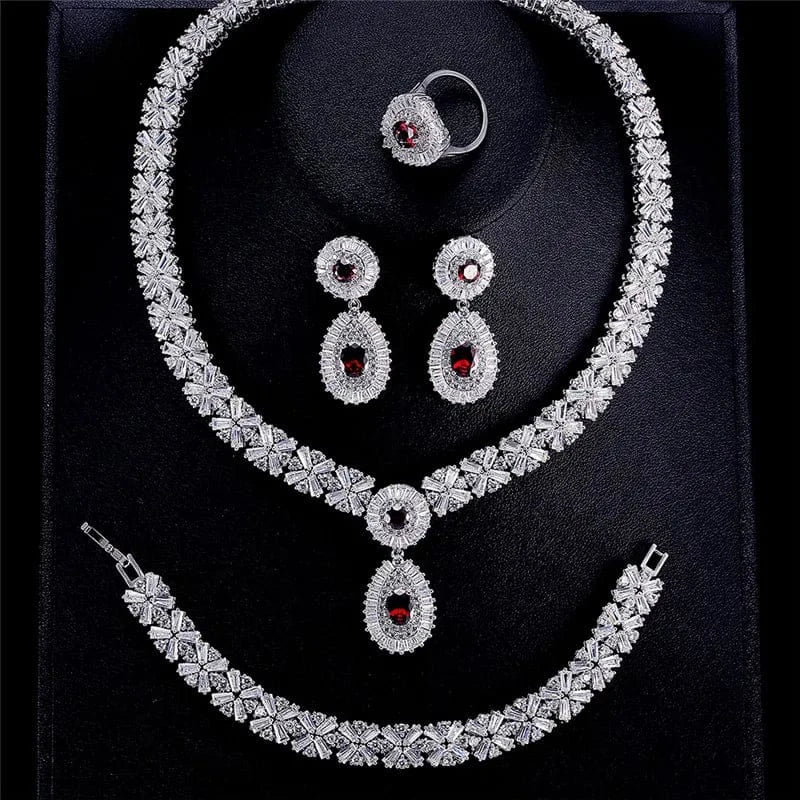 SP312-Red RAKOL SPA061 sterling silver jewelry sets dubai luxury indian wedding bridals cubic zirconia fashion jewelry sets jewellery